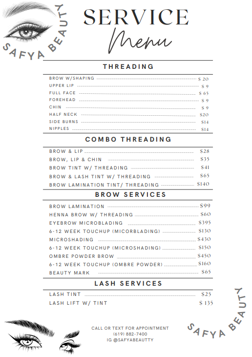 Candibrows beauty services menu offering brows, lashes, facials, and aesthetic treatments